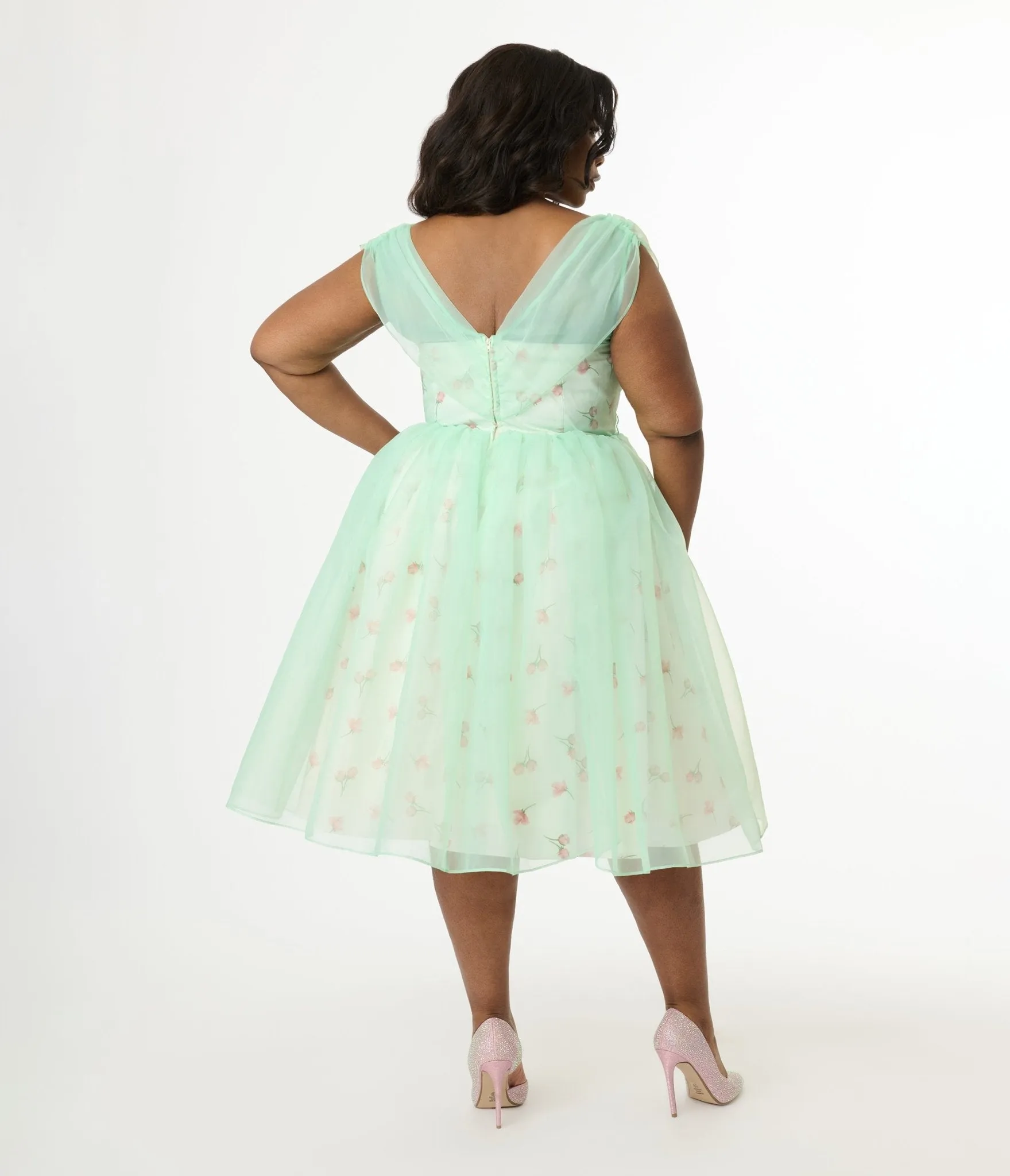 Barbie x Unique Vintage Plus Size 1960s Green Chiffon & Rose Modern Art Swing Dress Casual Everyday Look