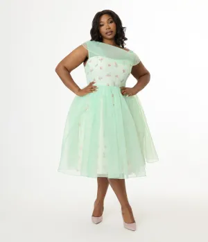 Barbie x Unique Vintage Plus Size 1960s Green Chiffon & Rose Modern Art Swing Dress Casual Everyday Look