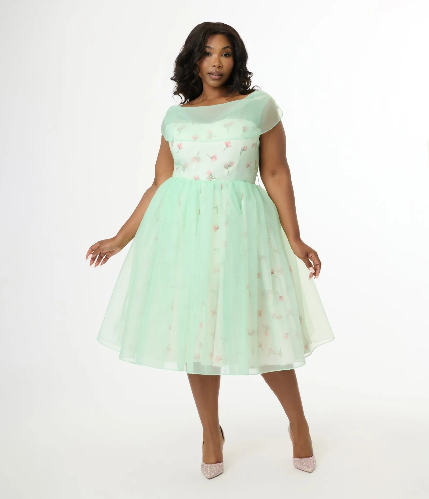 Barbie x Unique Vintage Plus Size 1960s Green Chiffon & Rose Modern Art Swing Dress Casual Everyday Look