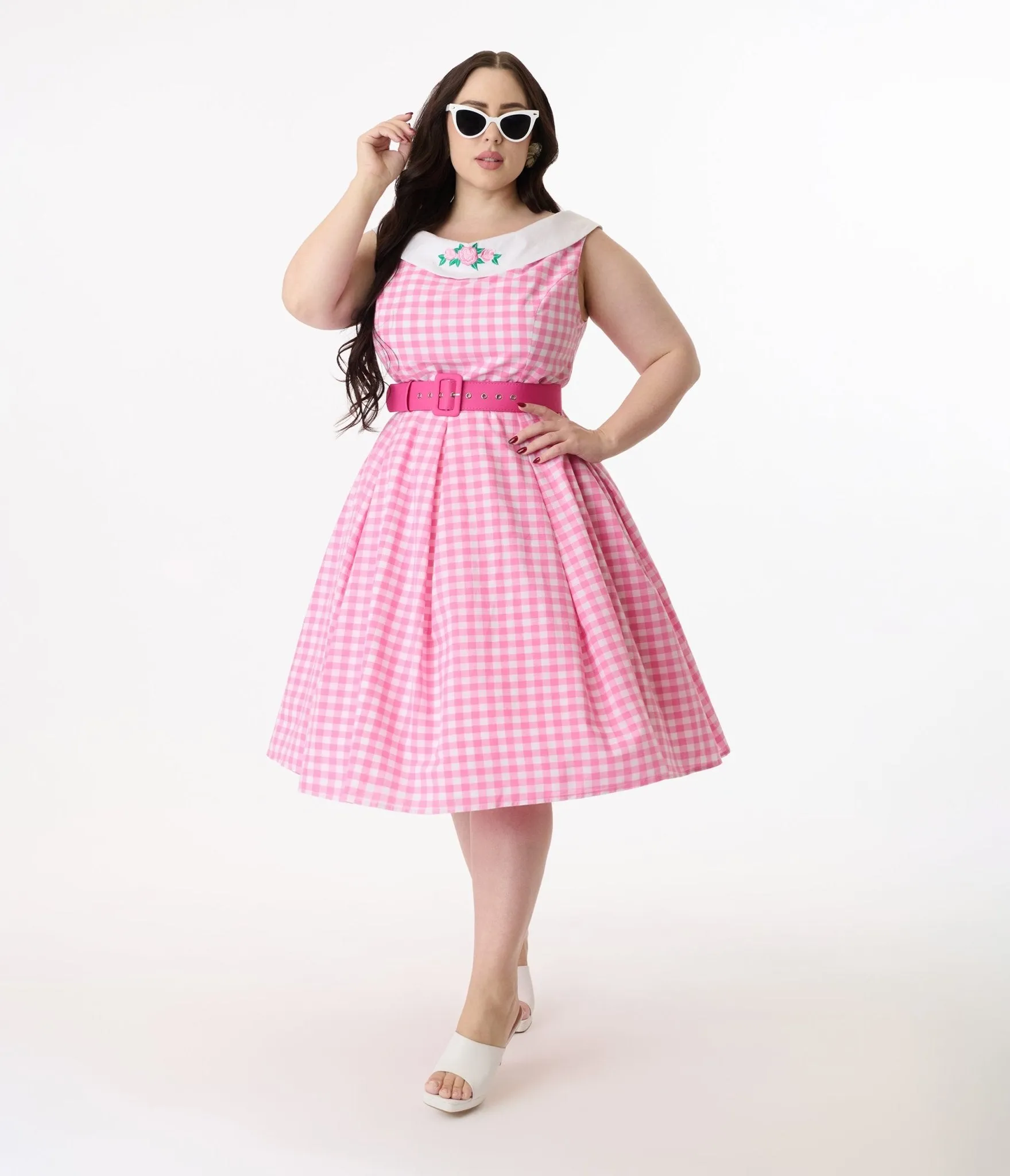 Barbie x Unique Vintage Plus Size 1960s Pink Gingham Cotton Dancing Doll Swing Dress Casual Everyday Look