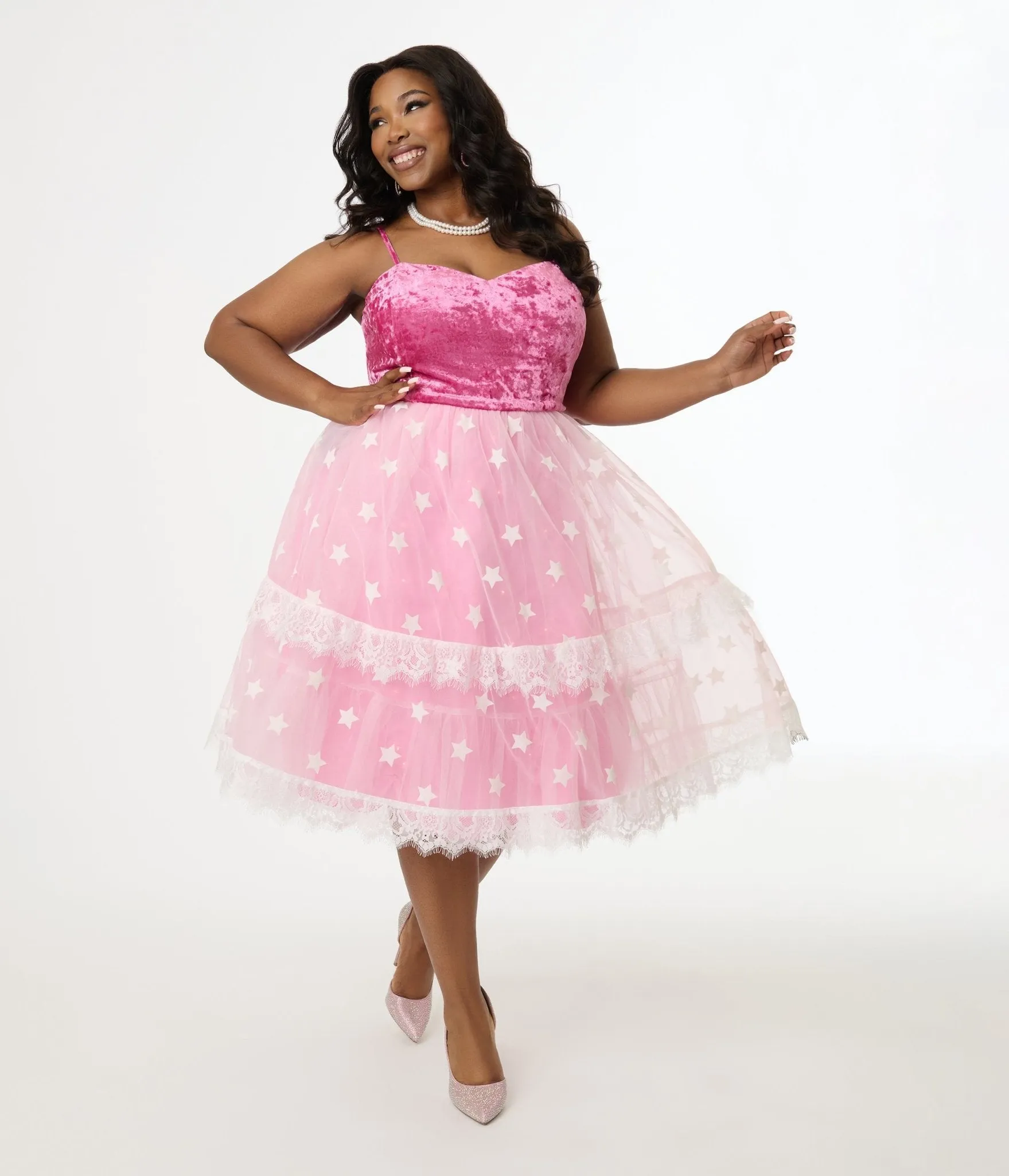 Barbie x Unique Vintage Plus Size 1980s Pink Light Up Dream Glow Swing Dress Casual Everyday Look