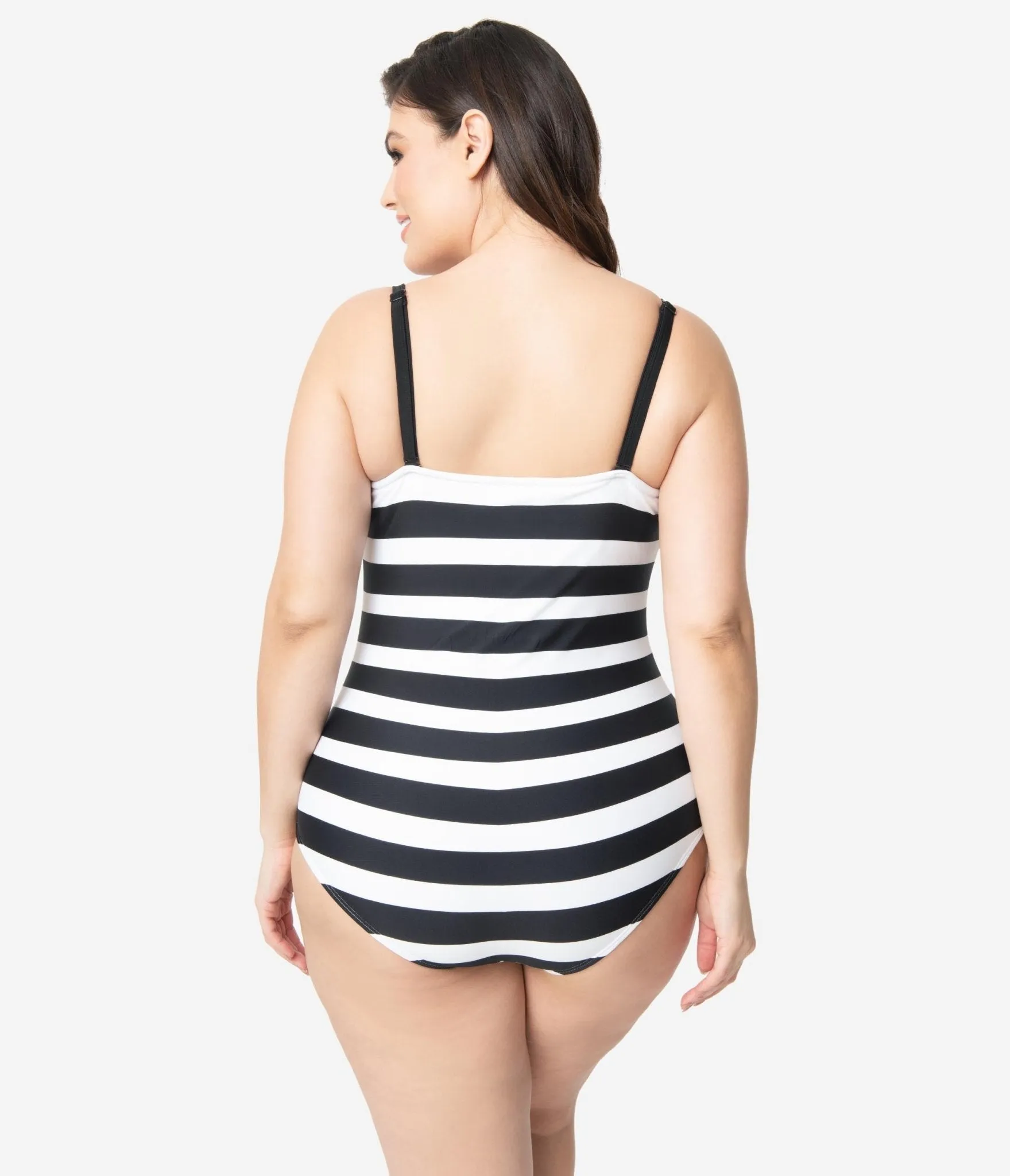 Barbie? x Unique Vintage Plus Size Black & White Chevron Stripe One Piece Bathing Suit Beach Vacation Ready