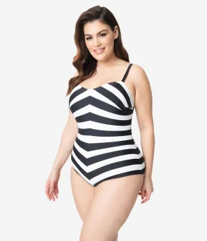Barbie? x Unique Vintage Plus Size Black & White Chevron Stripe One Piece Bathing Suit Beach Vacation Ready