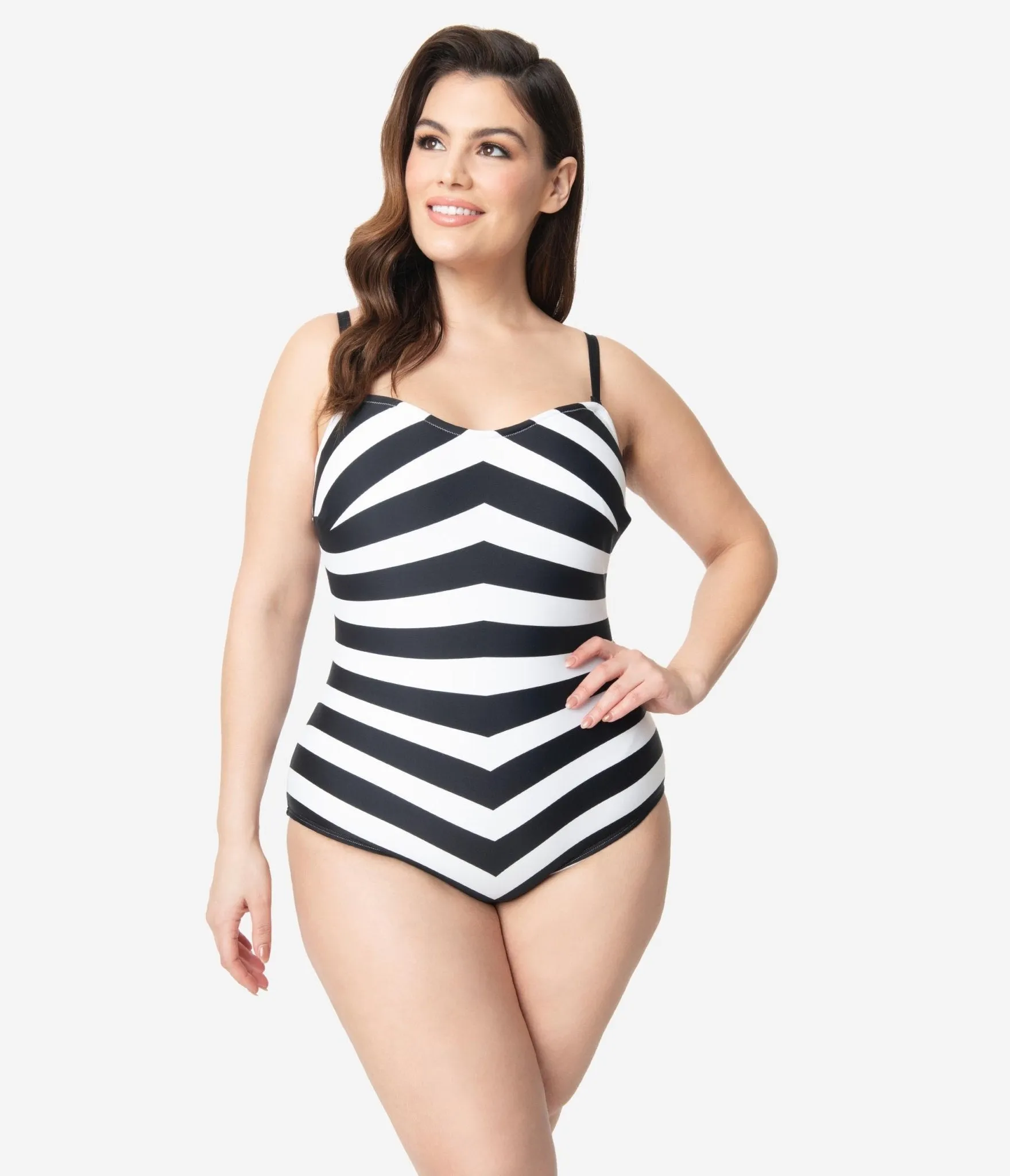 Barbie? x Unique Vintage Plus Size Black & White Chevron Stripe One Piece Bathing Suit Beach Vacation Ready