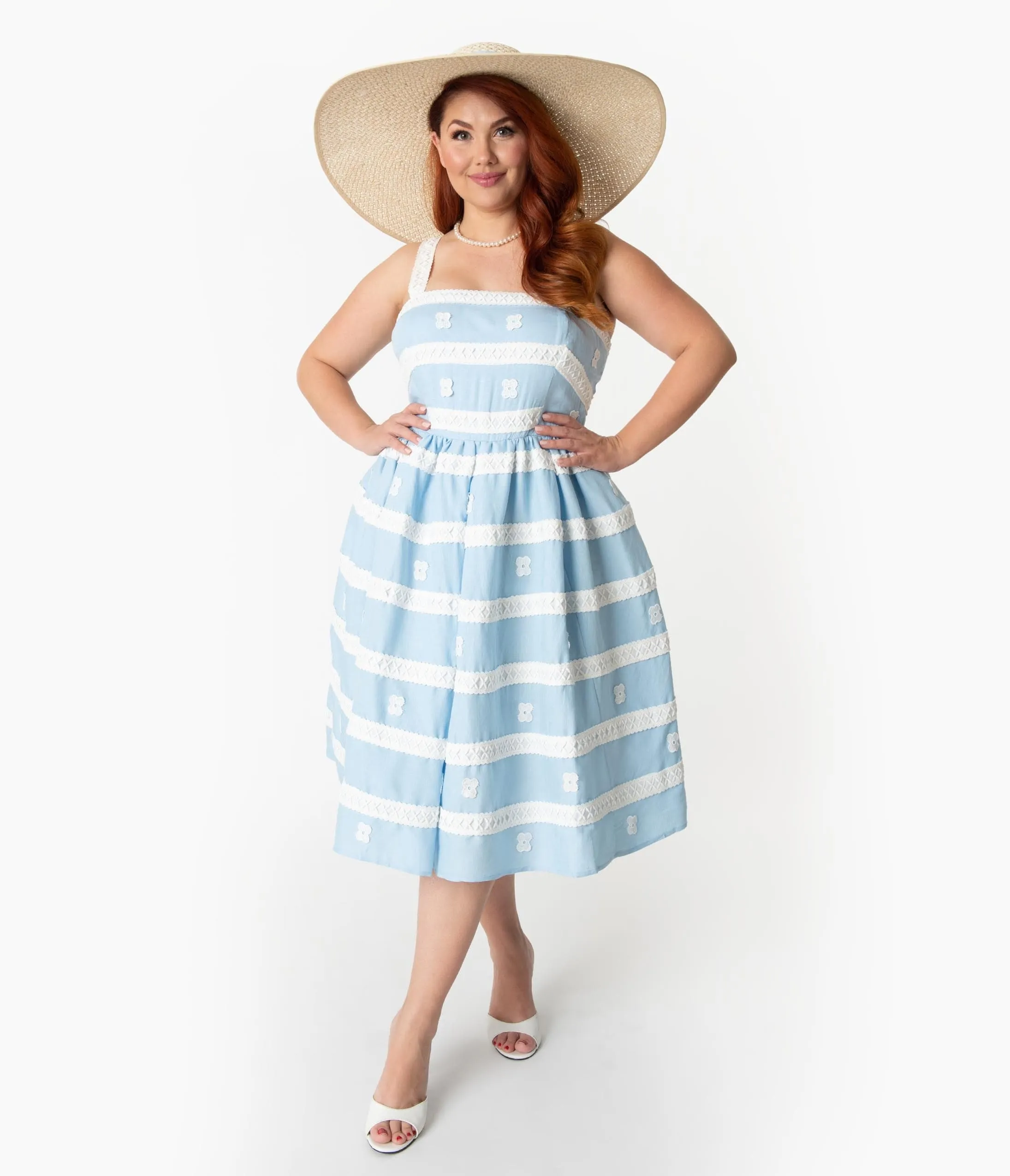 Barbie x Unique Vintage Plus Size Blue & White Suburban Shopper Sundress Casual Everyday Look