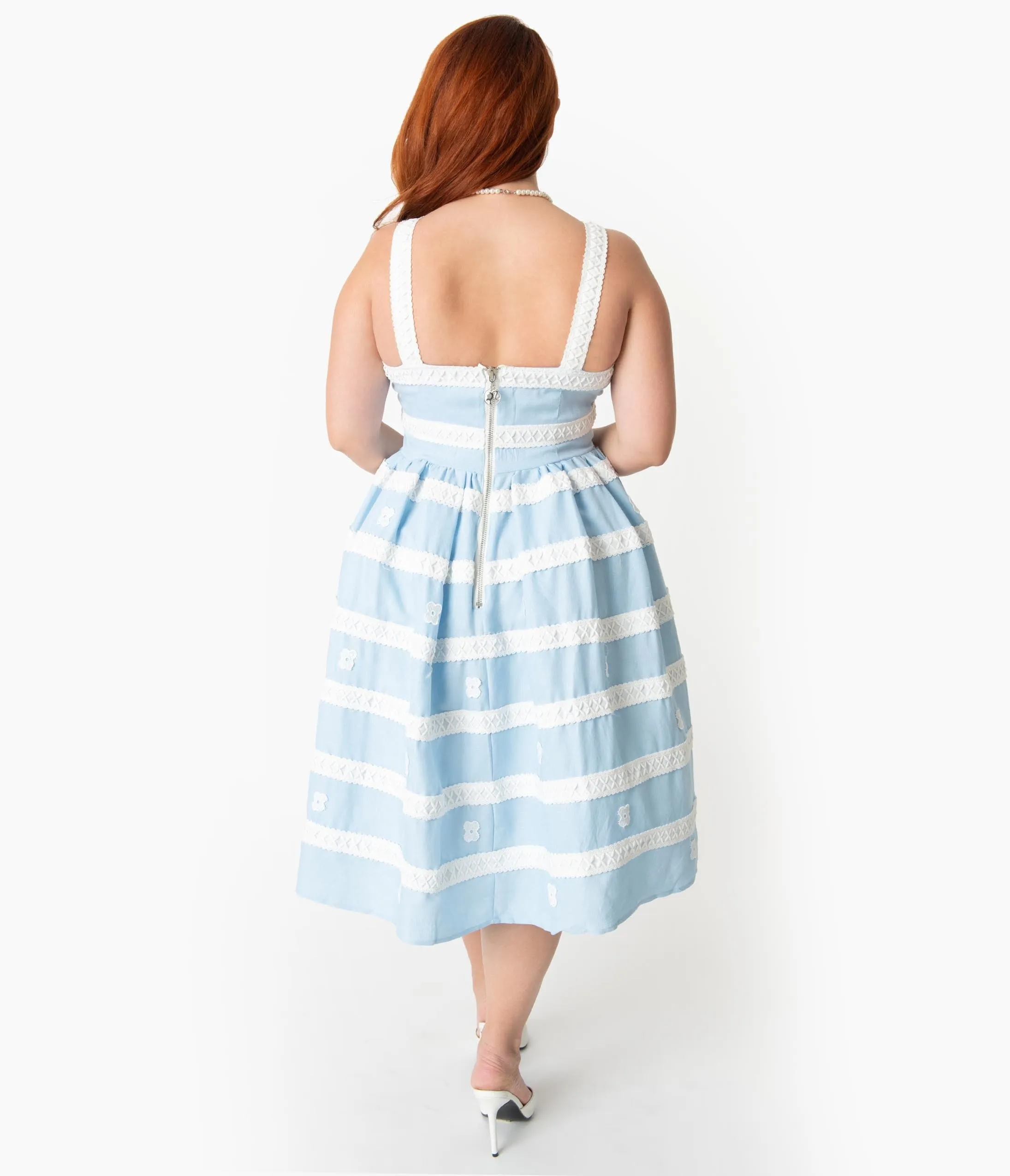 Barbie x Unique Vintage Plus Size Blue & White Suburban Shopper Sundress Casual Everyday Look