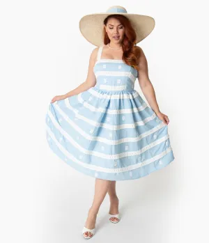 Barbie x Unique Vintage Plus Size Blue & White Suburban Shopper Sundress Casual Everyday Look
