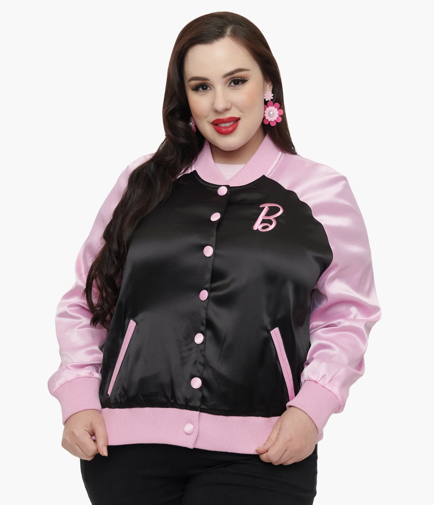 Barbie x Unique Vintage Plus Size Pink & Black OG Barbie Long Sleeve Bomber Jacket Easy Date Night