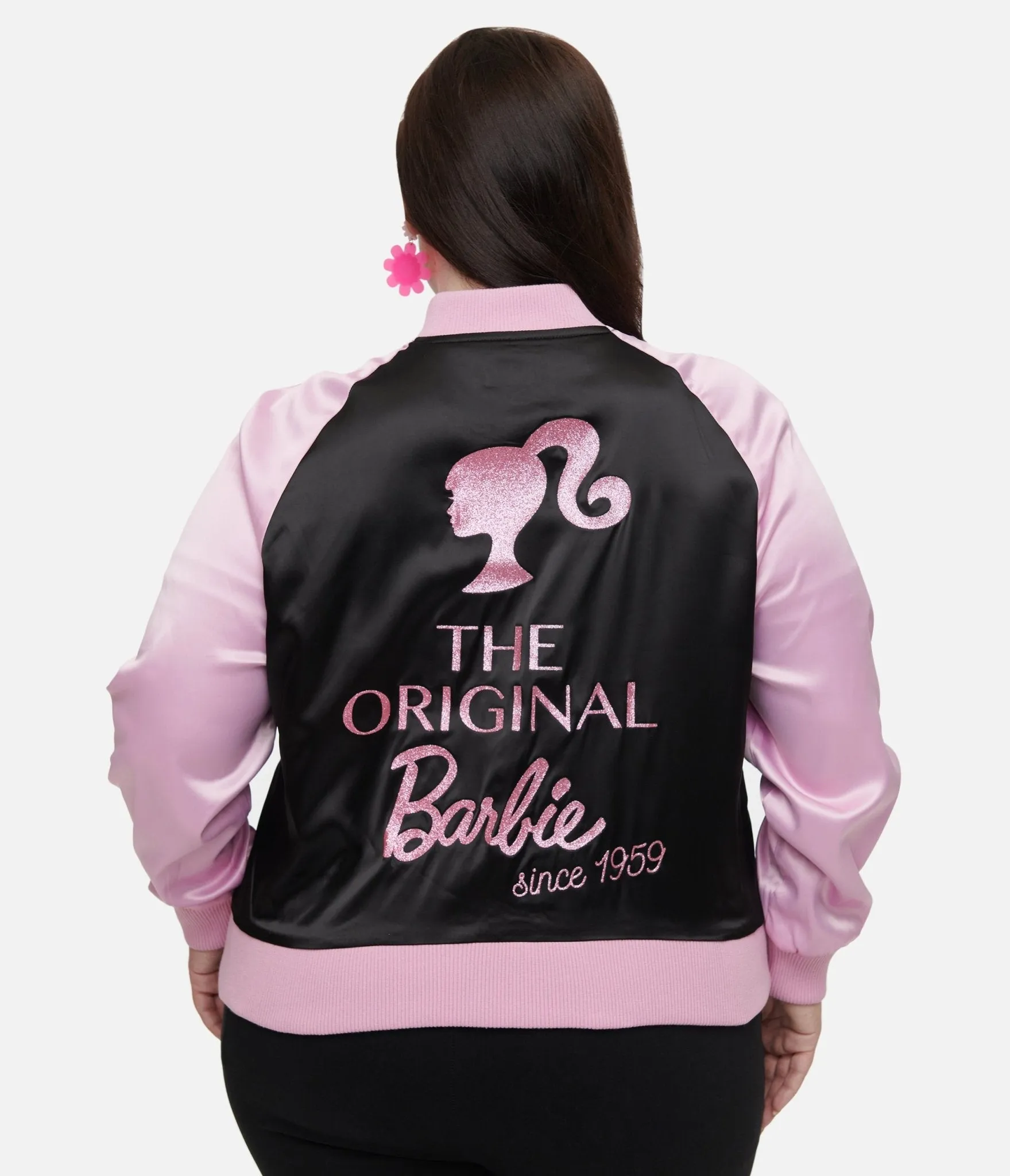 Barbie x Unique Vintage Plus Size Pink & Black OG Barbie Long Sleeve Bomber Jacket Easy Date Night