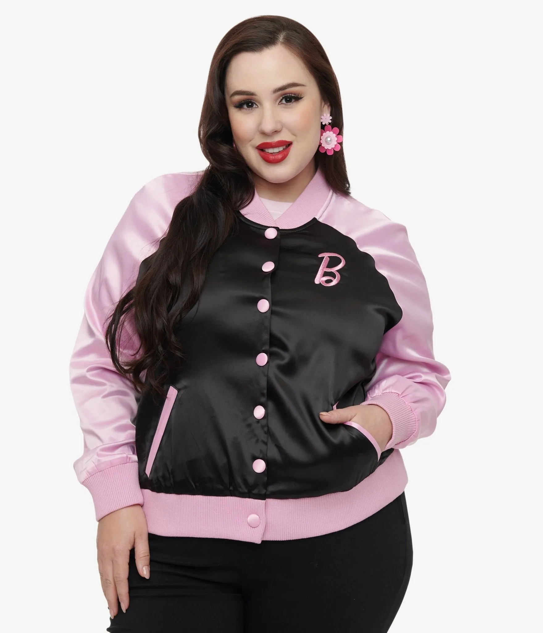 Barbie x Unique Vintage Plus Size Pink & Black OG Barbie Long Sleeve Bomber Jacket Easy Date Night