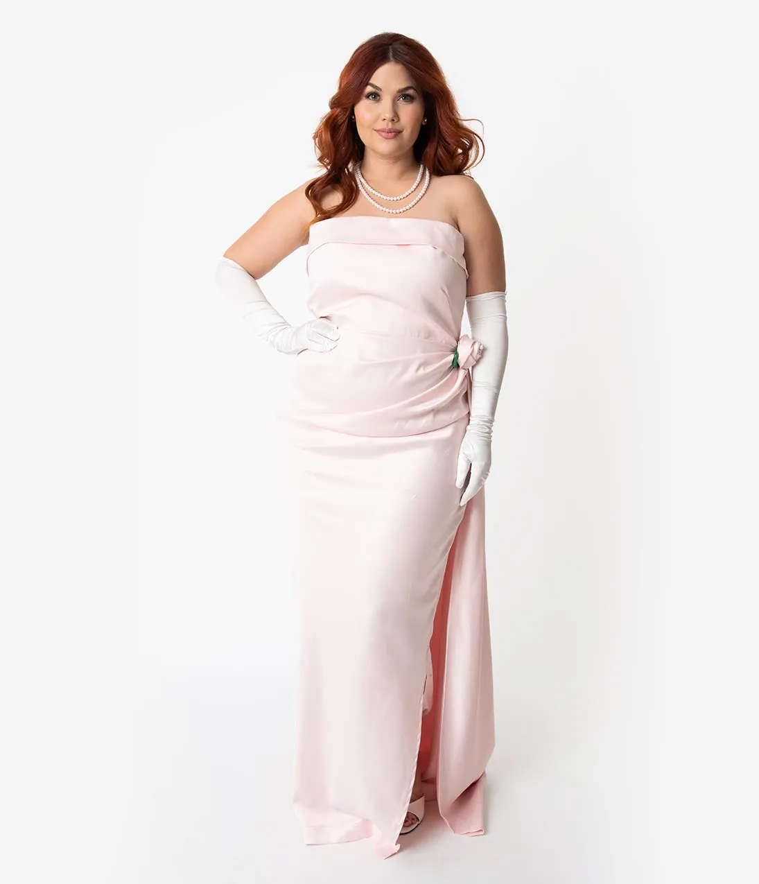 Barbie? x Unique Vintage Plus Size Pink Satin Strapless Enchanted Evening Gown Casual Everyday Look