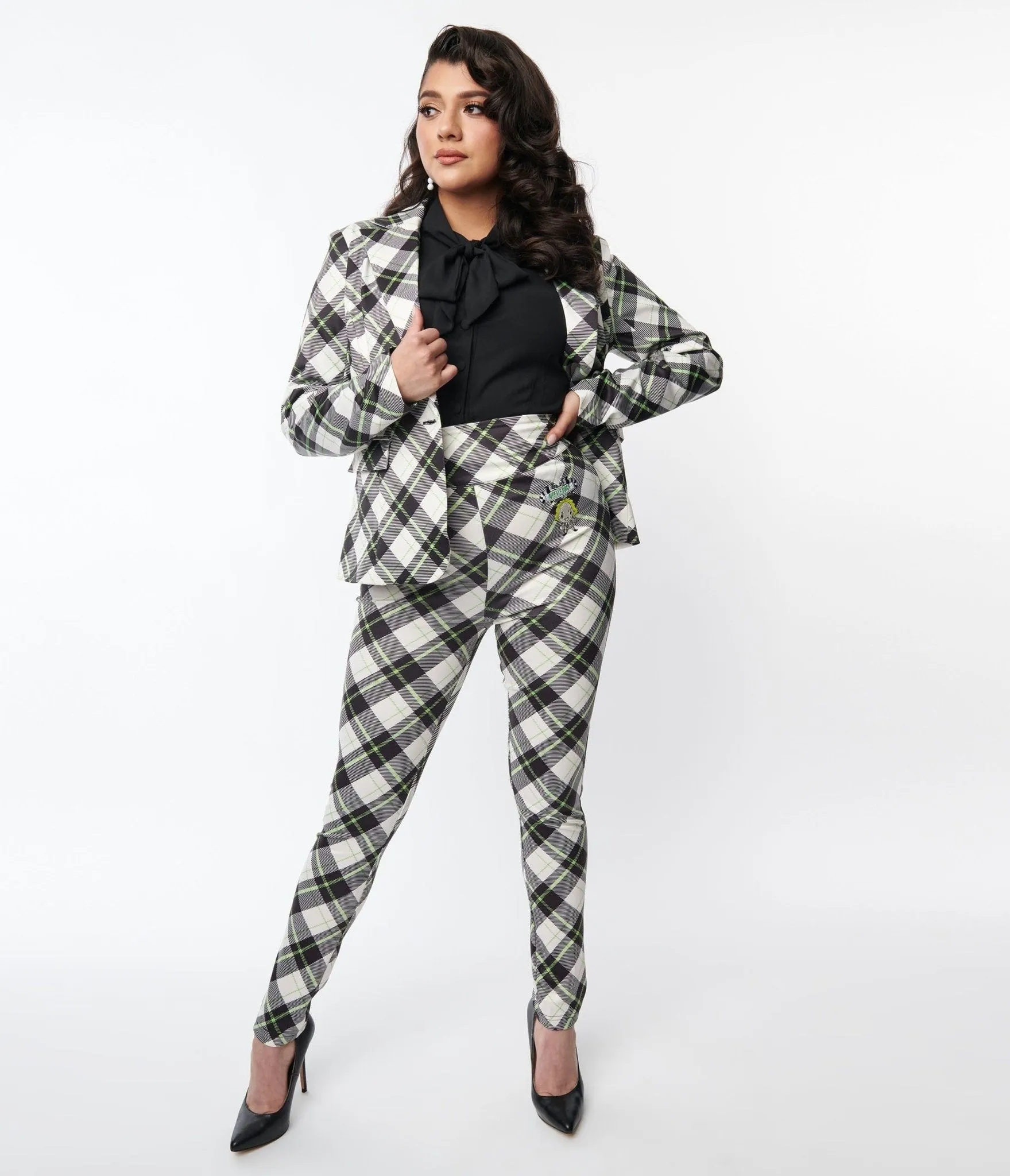 Beetlejuice x Unique Vintage Black & Green Plaid Beetlejuice Cigarette Pants Comfortable Travel Wear