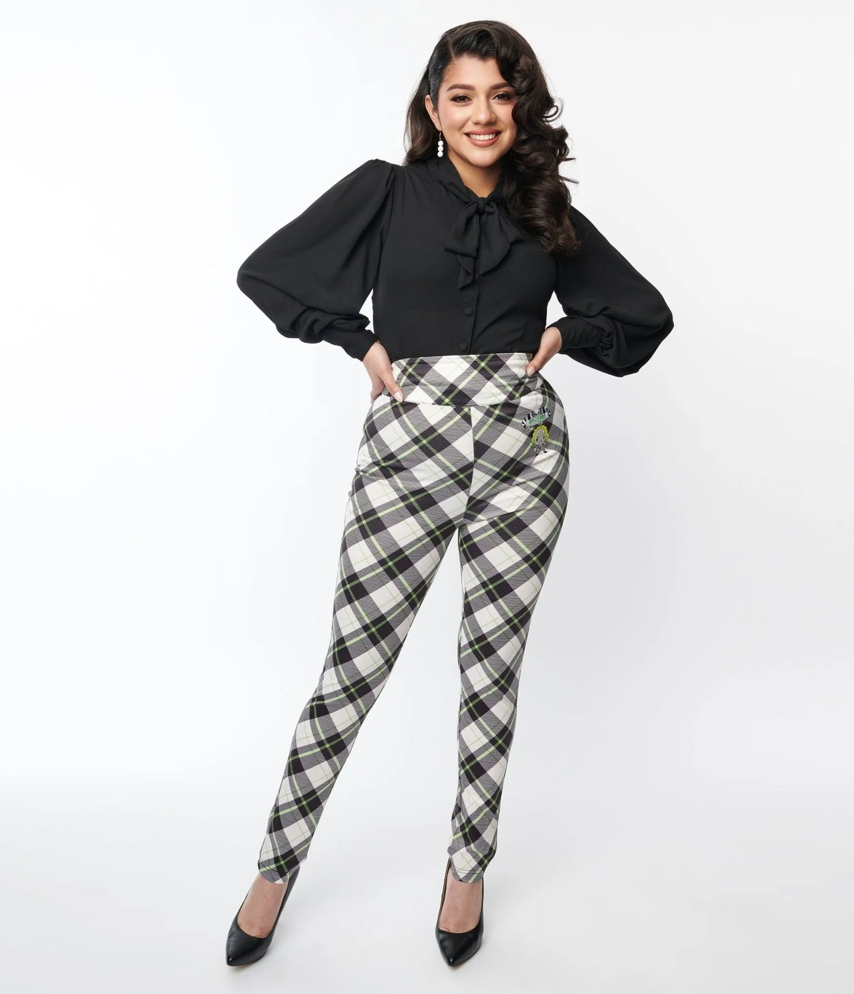 Beetlejuice x Unique Vintage Black & Green Plaid Beetlejuice Cigarette Pants Comfortable Travel Wear