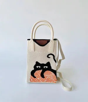 Beige & Black Cat Knitted Crossbody Bag Fun Outing
