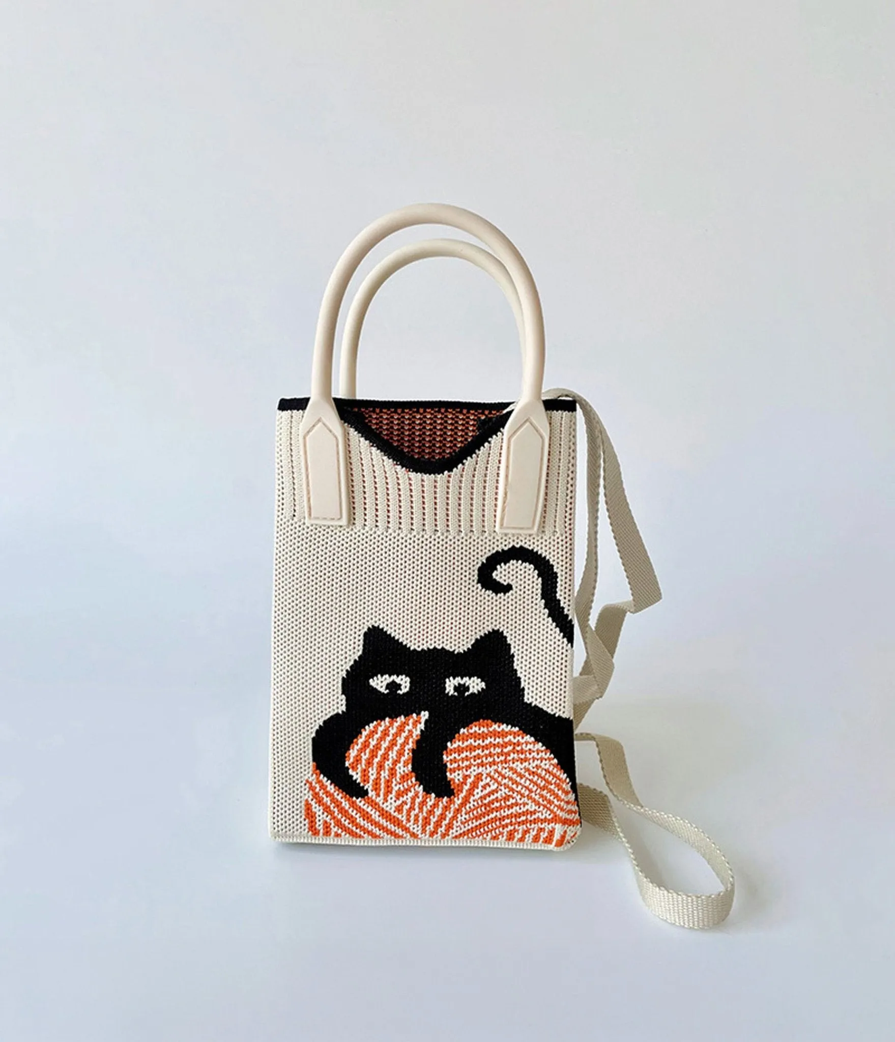 Beige & Black Cat Knitted Crossbody Bag Fun Outing
