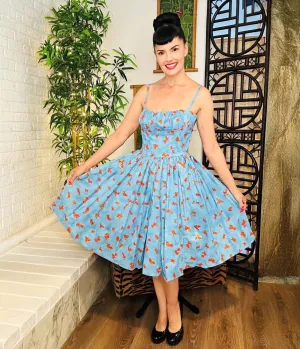 Bernie Dexter Blue & Red Apple Blossom Print Swing Dress Casual Everyday Look