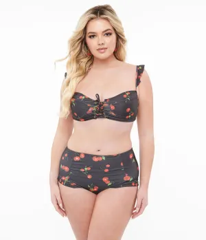 Black & Cherry Print Two Piece Swim Set Beach Vacation Ready