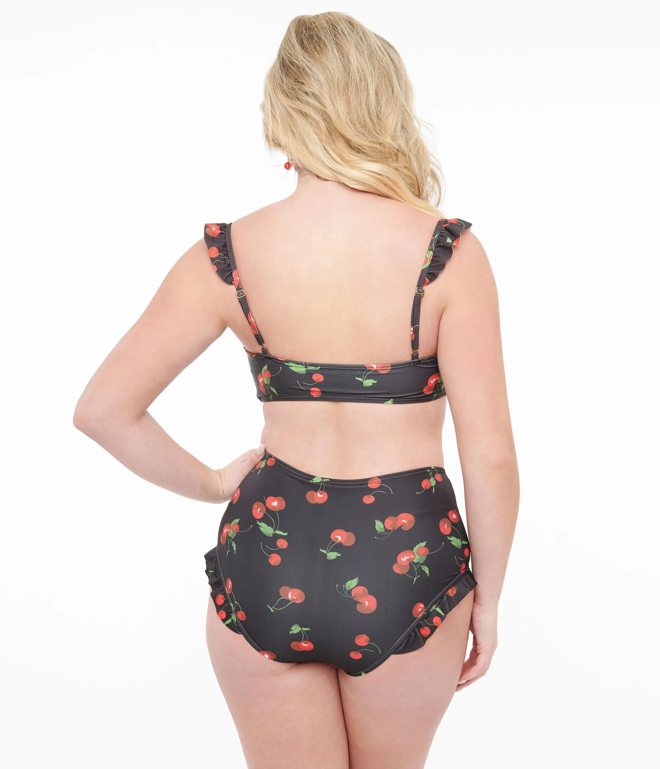 Black & Cherry Print Two Piece Swim Set Beach Vacation Ready