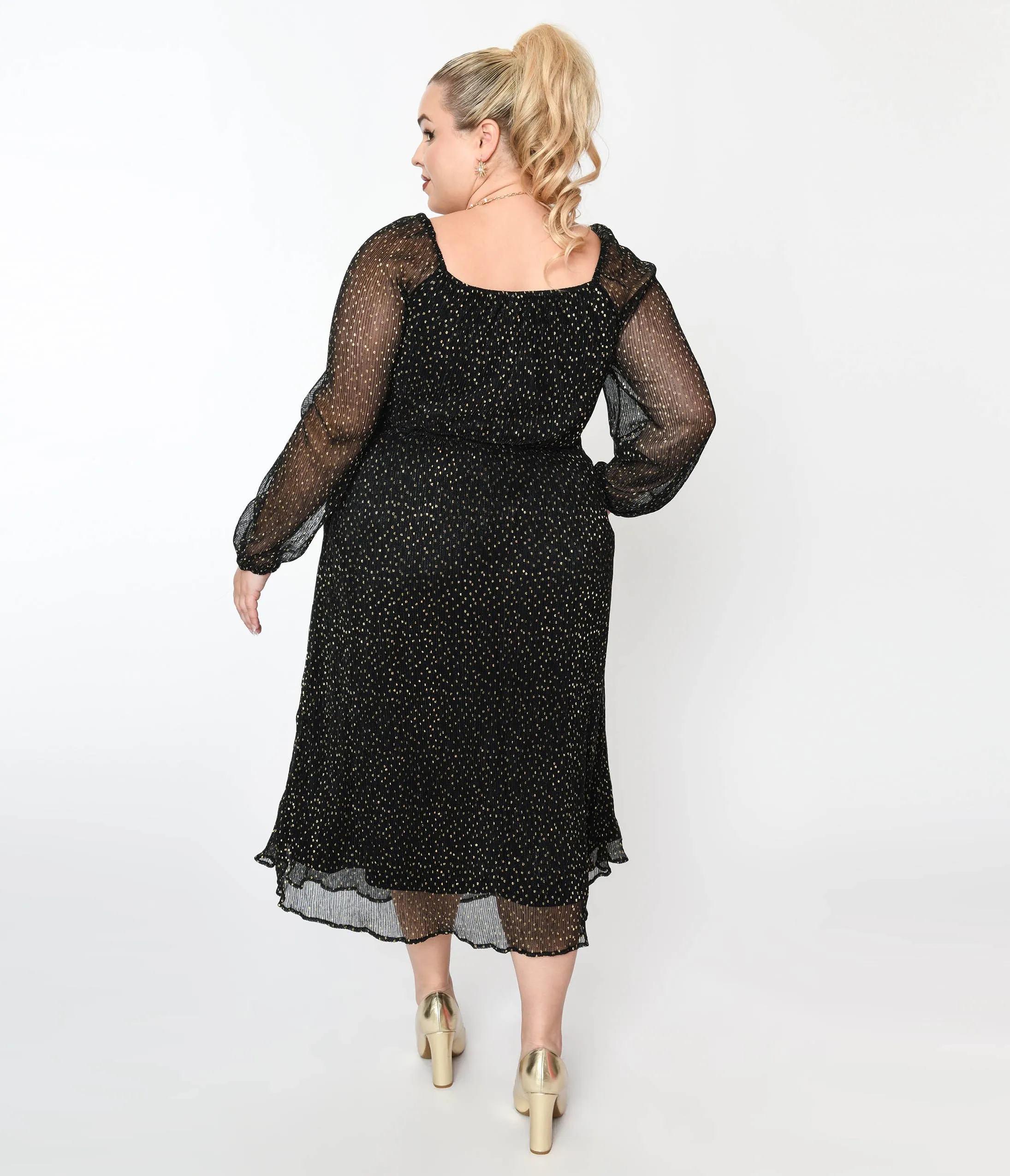 Black & Gold Foil Pin Dot Pleated Midi Dress Casual Everyday Look