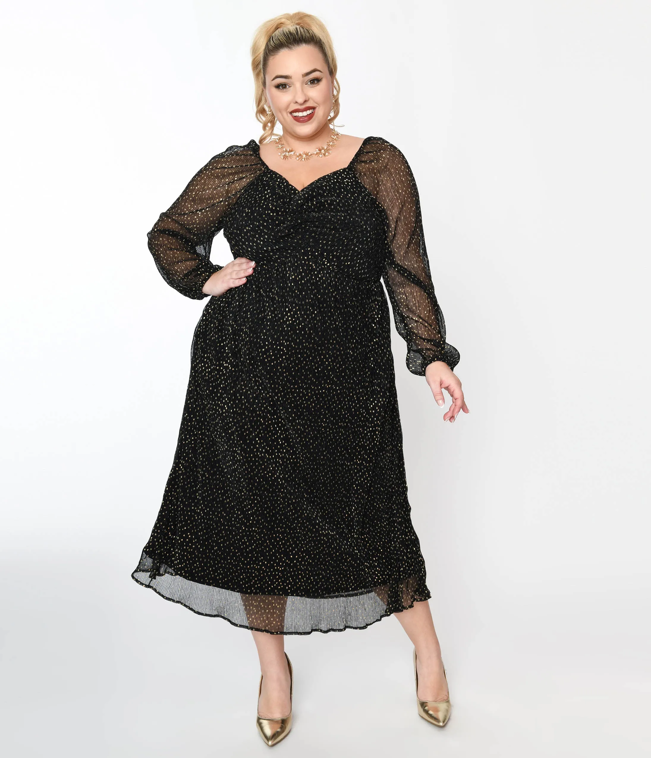 Black & Gold Foil Pin Dot Pleated Midi Dress Casual Everyday Look