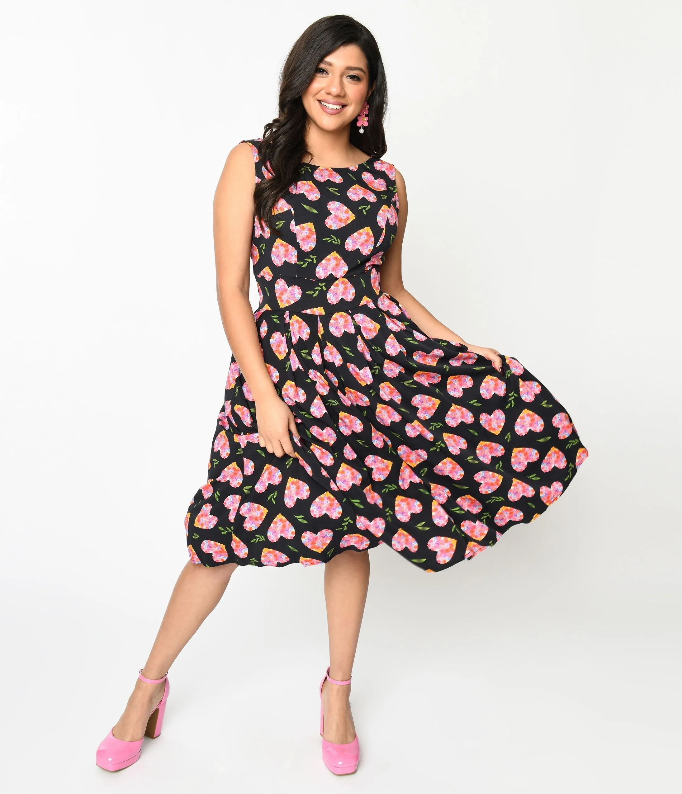 Black & Multicolor Floral Hearts Swing Dress Casual Everyday Look