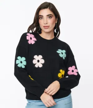 Black & Multicolor Floral Knit Sweater Easy Date Night