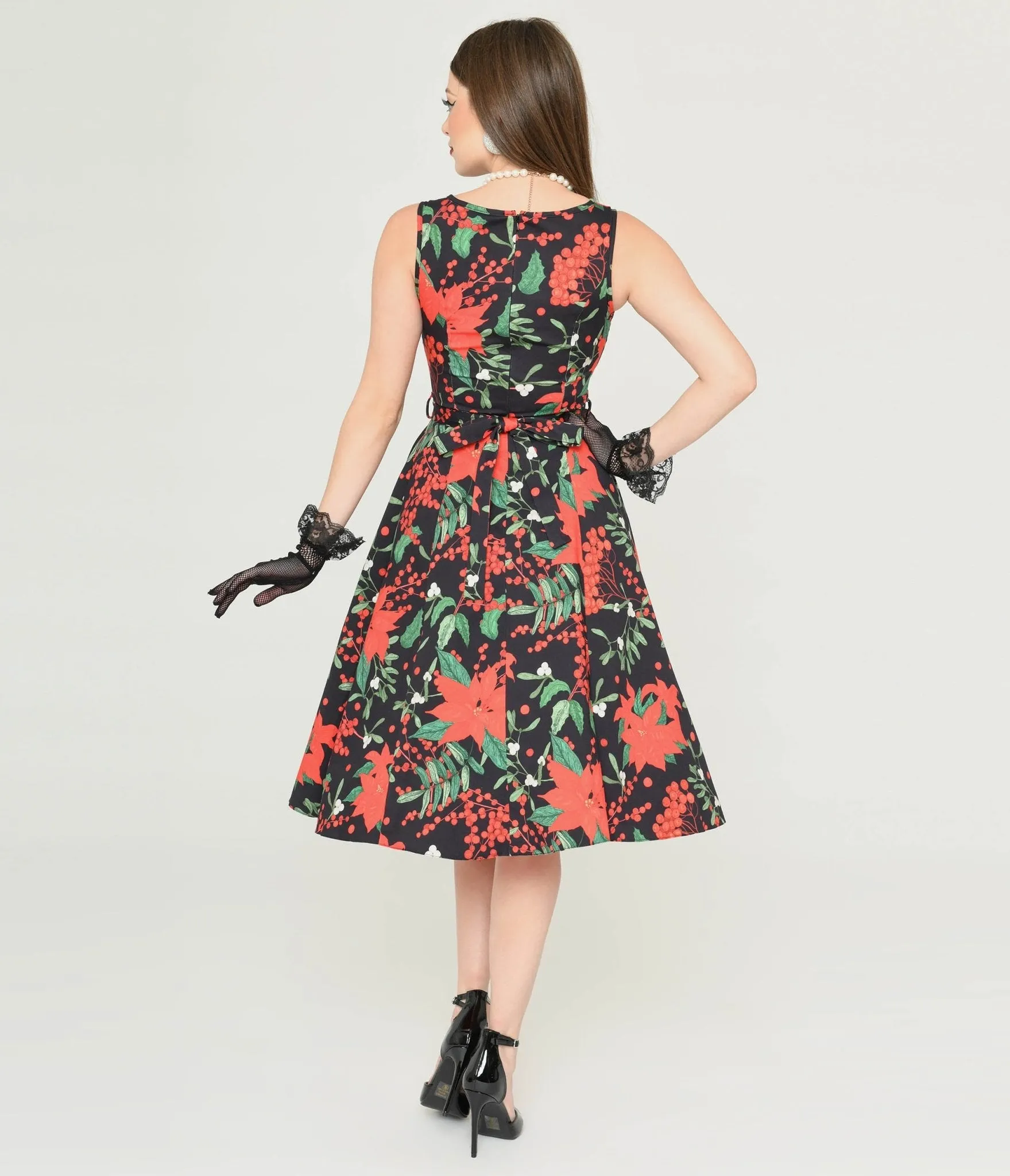 Black & Red Poinsettia Swing Dress Casual Everyday Look