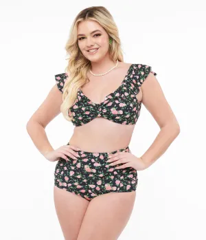 Black & Rose Print Two Piece Swim Set Beach Vacation Ready