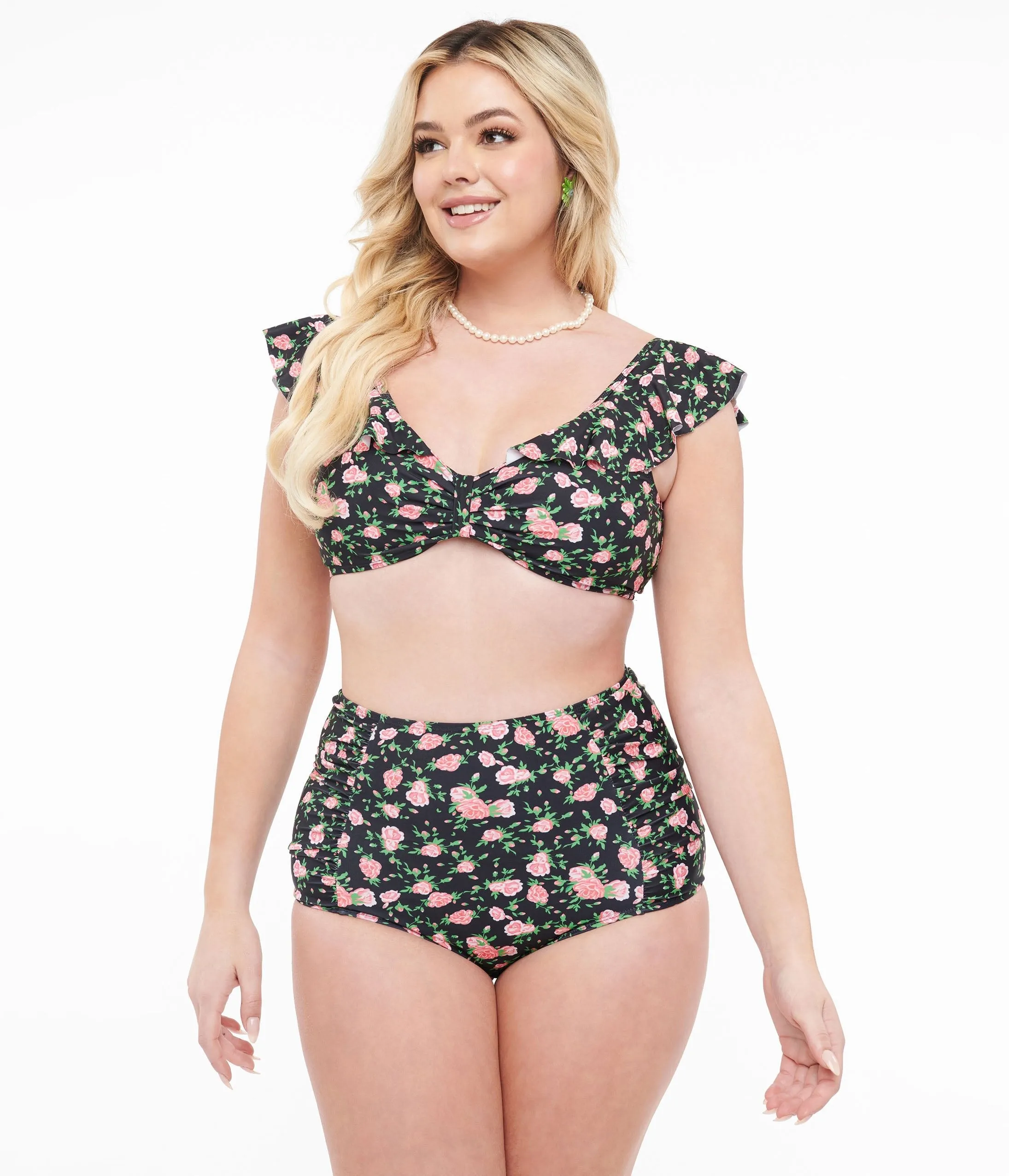 Black & Rose Print Two Piece Swim Set Beach Vacation Ready