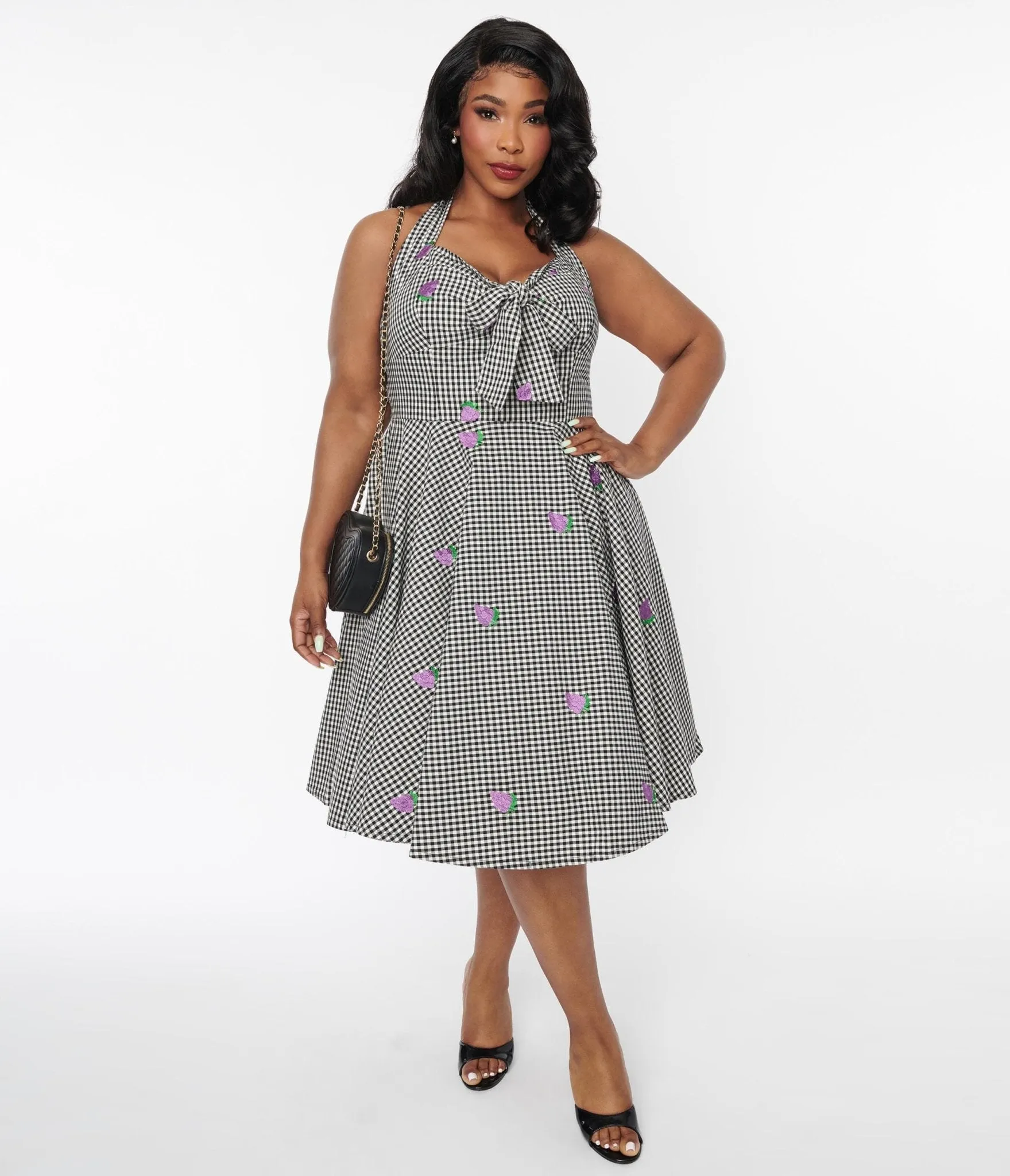 Black & White Gingham Grape Embroidered Halter Swing Dress Casual Everyday Look