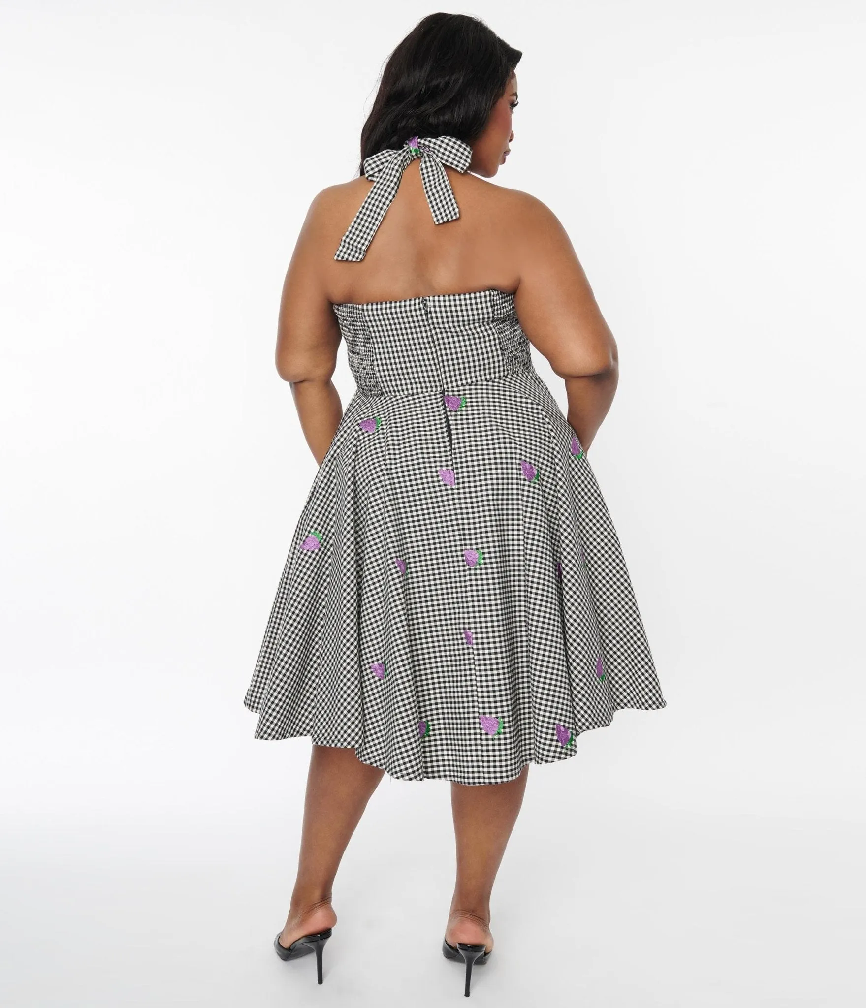 Black & White Gingham Grape Embroidered Halter Swing Dress Casual Everyday Look
