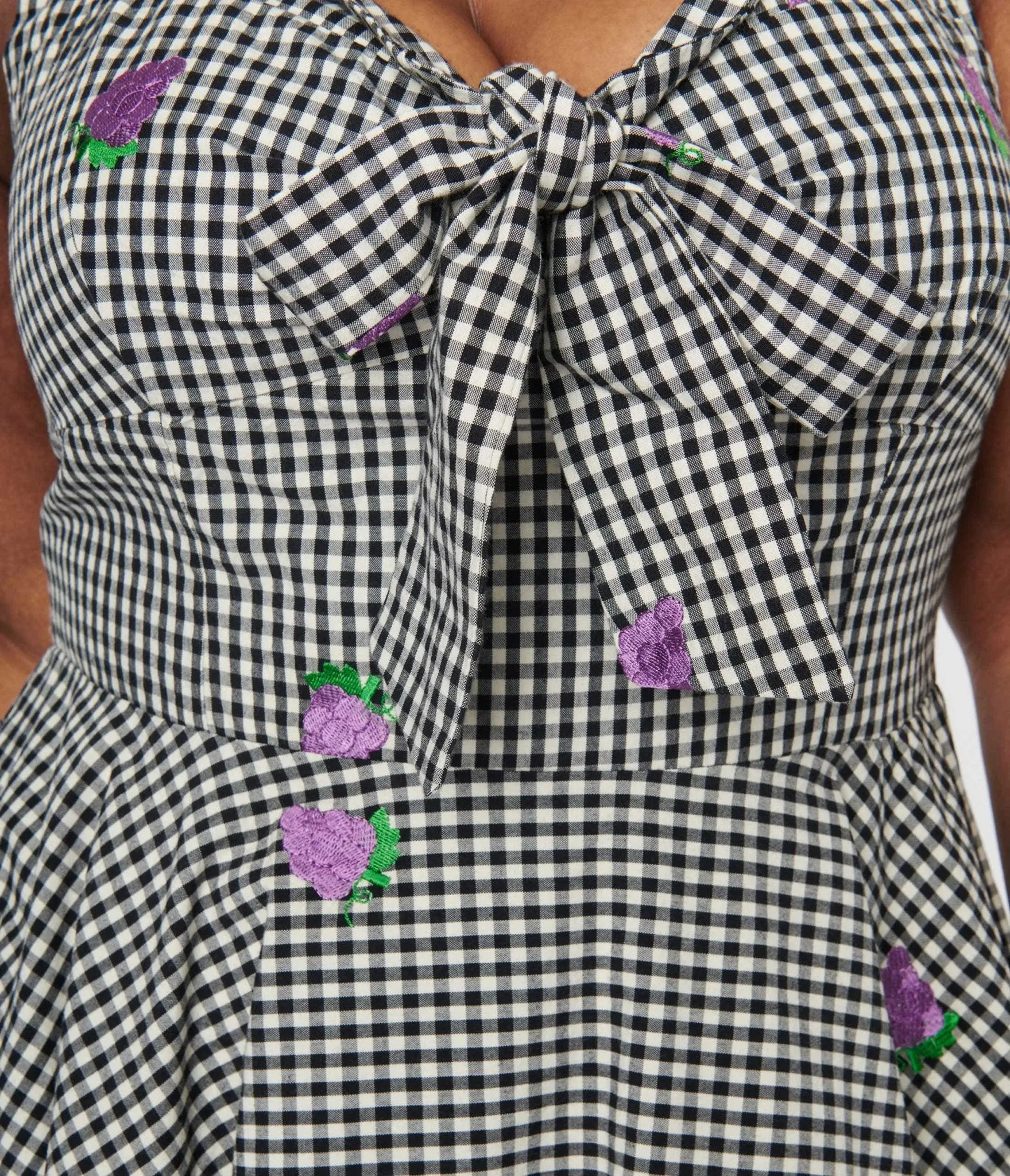 Black & White Gingham Grape Embroidered Halter Swing Dress Casual Everyday Look