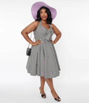 Black & White Gingham Grape Embroidered Halter Swing Dress Casual Everyday Look