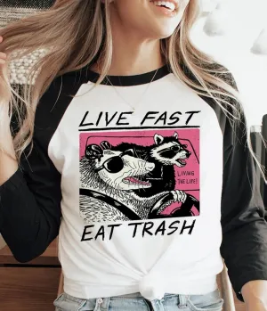 Black & White Live Fast Eat Trash Graphic Baseball Tee Easy Date Night