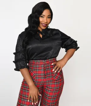 Black Crushed Satin Ruffle Blouse Easy Date Night