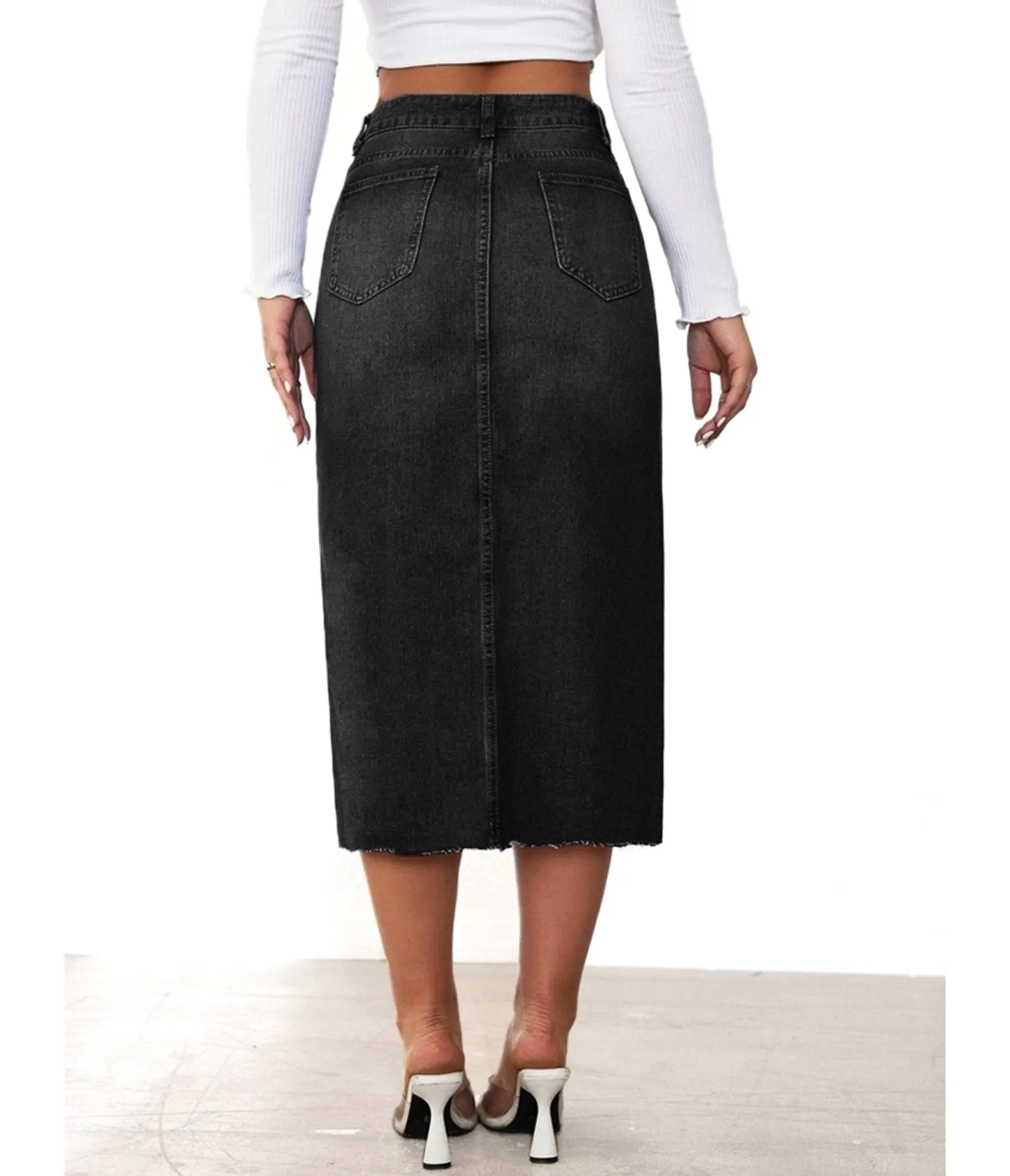 Black Denim Chic Split Midi Skirt Comfortable Travel Wear