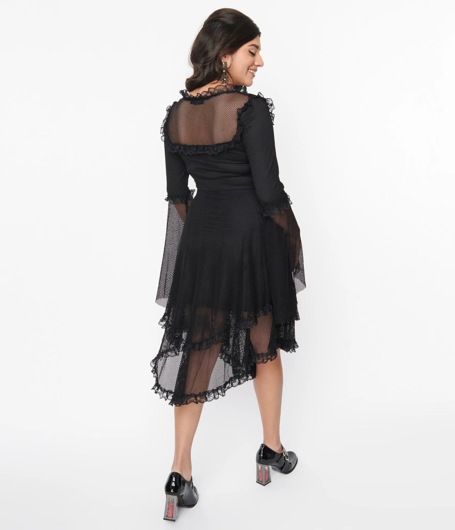Black Fishnet Frill Flare Dress Casual Everyday Look