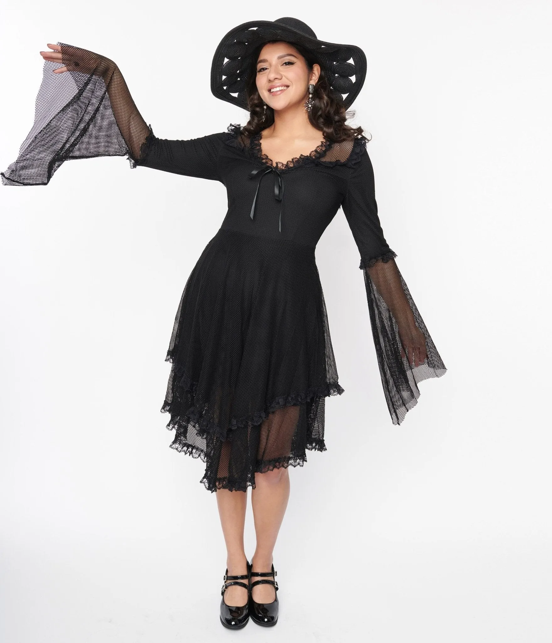 Black Fishnet Frill Flare Dress Casual Everyday Look