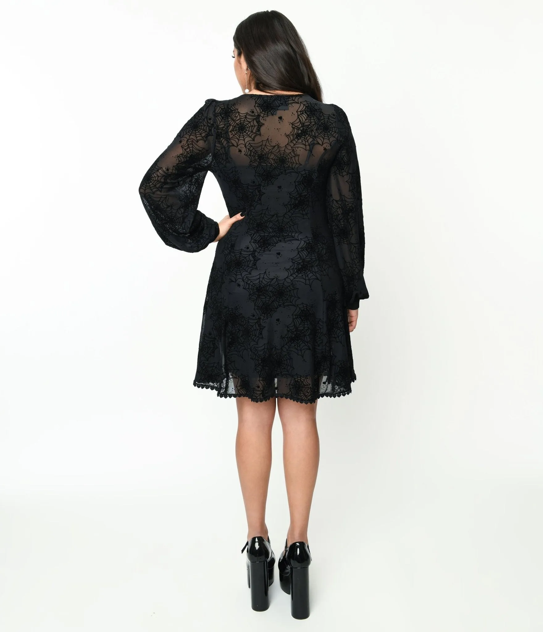 Black Flocked Spiderweb Penny Mini Dress Casual Everyday Look