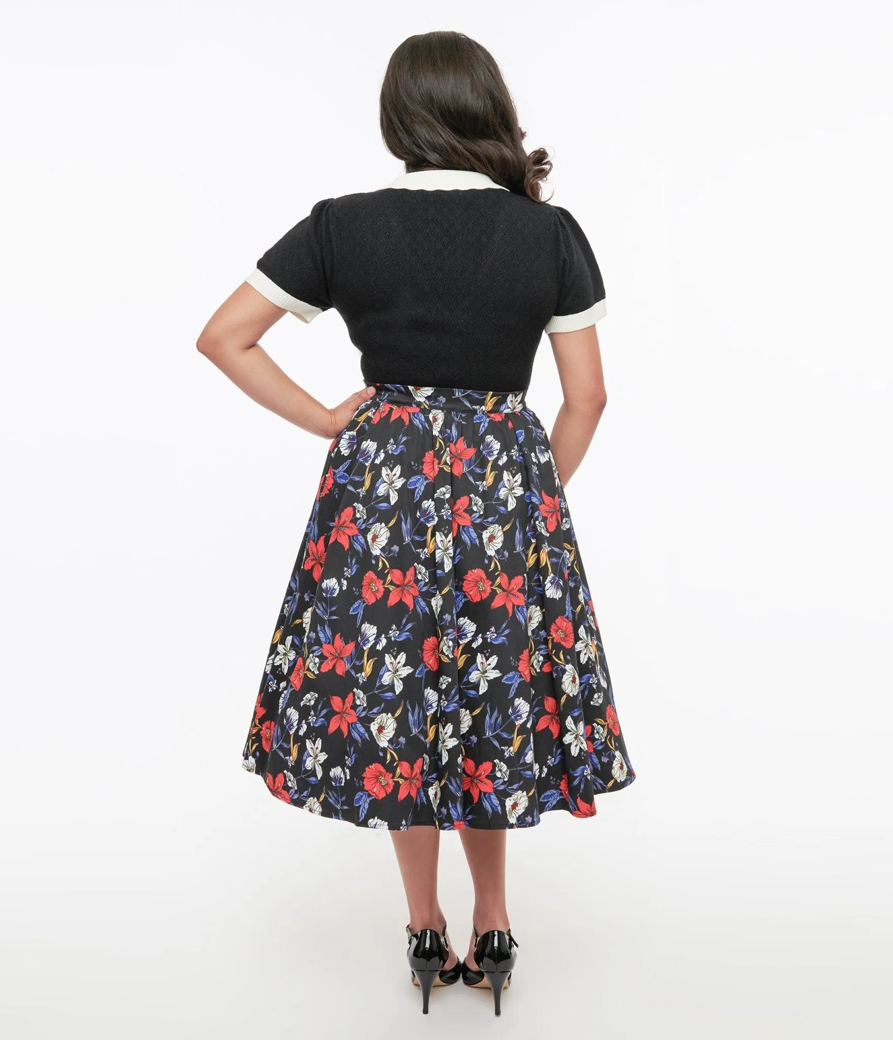 Black Floral Print Milly Swing Skirt Comfortable Travel Wear