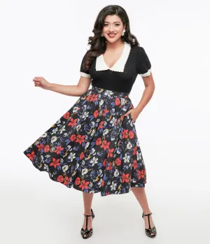 Black Floral Print Milly Swing Skirt Comfortable Travel Wear