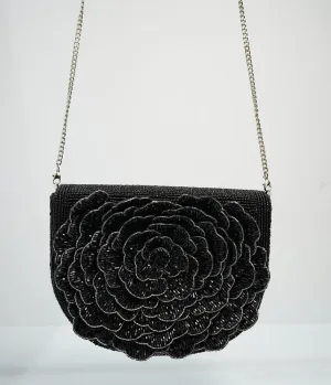 Black Flower Beaded Crossbody Bag Fun Outing