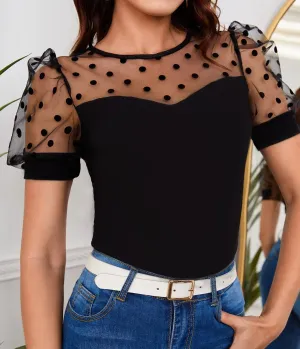 Black Polka Dot Sheer Splicing Top Easy Date Night