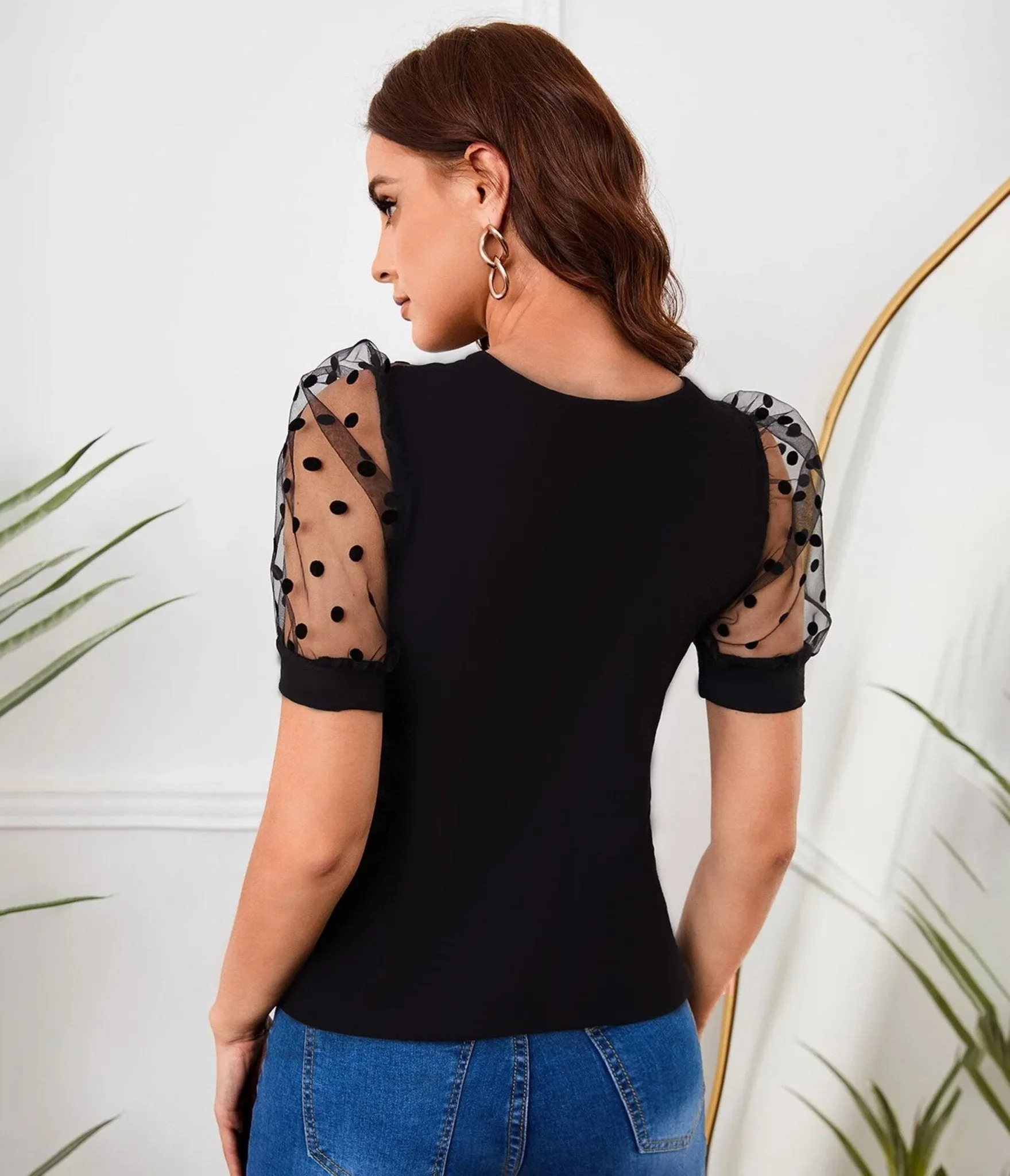 Black Polka Dot Sheer Splicing Top Easy Date Night