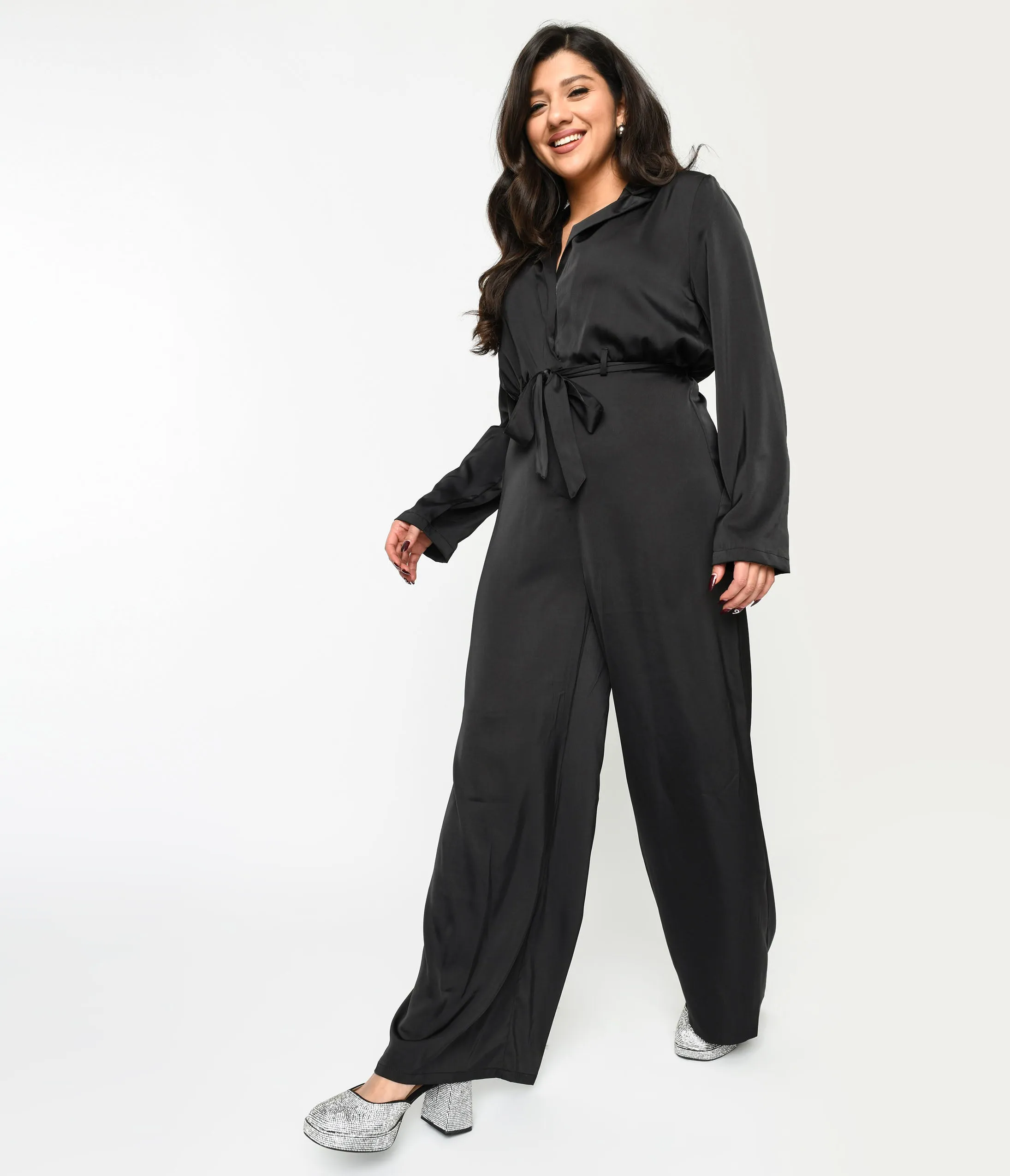 Black Satin Tie Waist Jumpsuit Comfortable Travel Wear