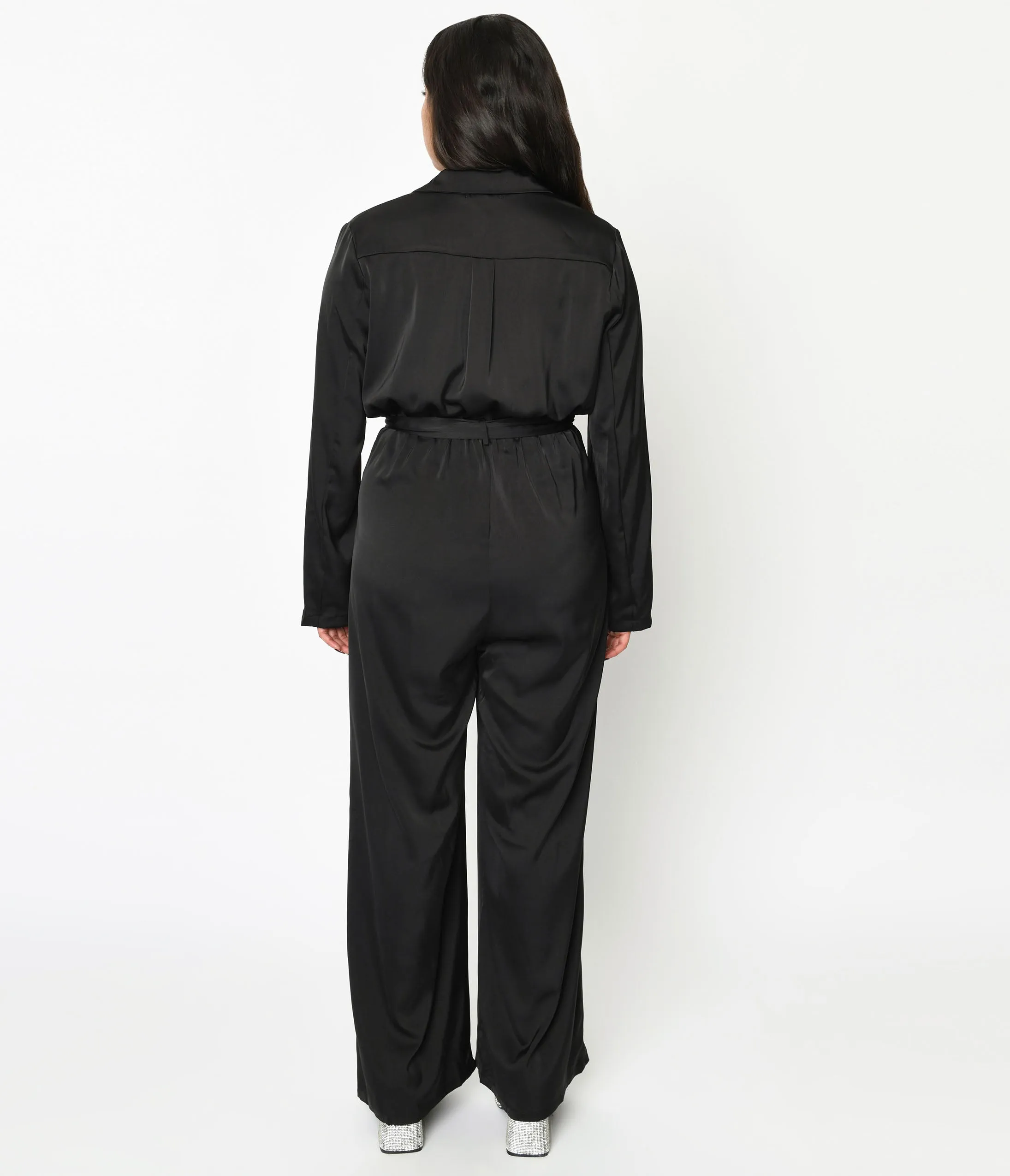 Black Satin Tie Waist Jumpsuit Comfortable Travel Wear
