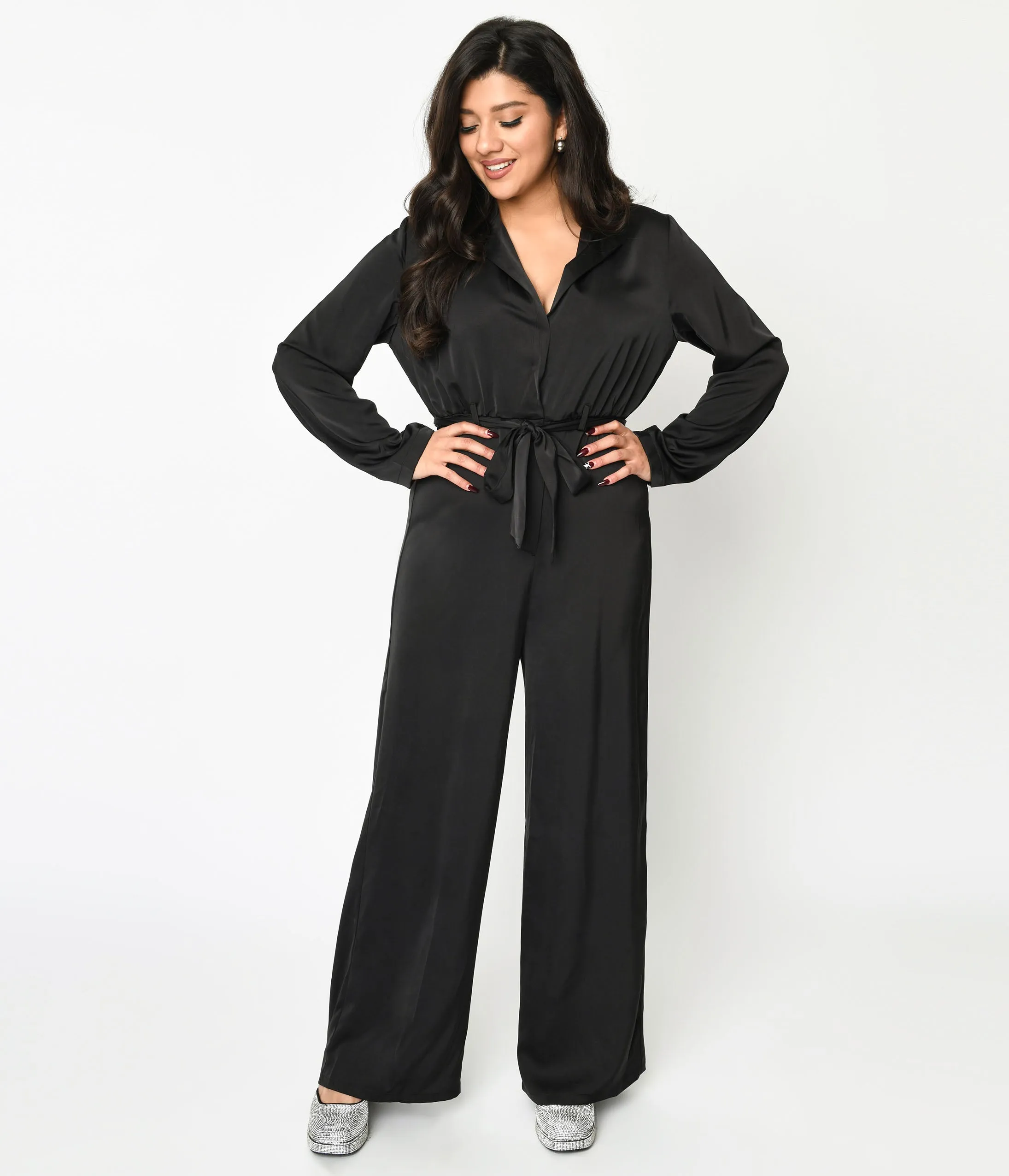 Black Satin Tie Waist Jumpsuit Comfortable Travel Wear