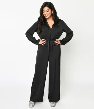Black Satin Tie Waist Jumpsuit Comfortable Travel Wear