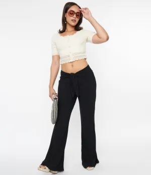 Black Tie Front Flare Leg Pants Comfortable Travel Wear