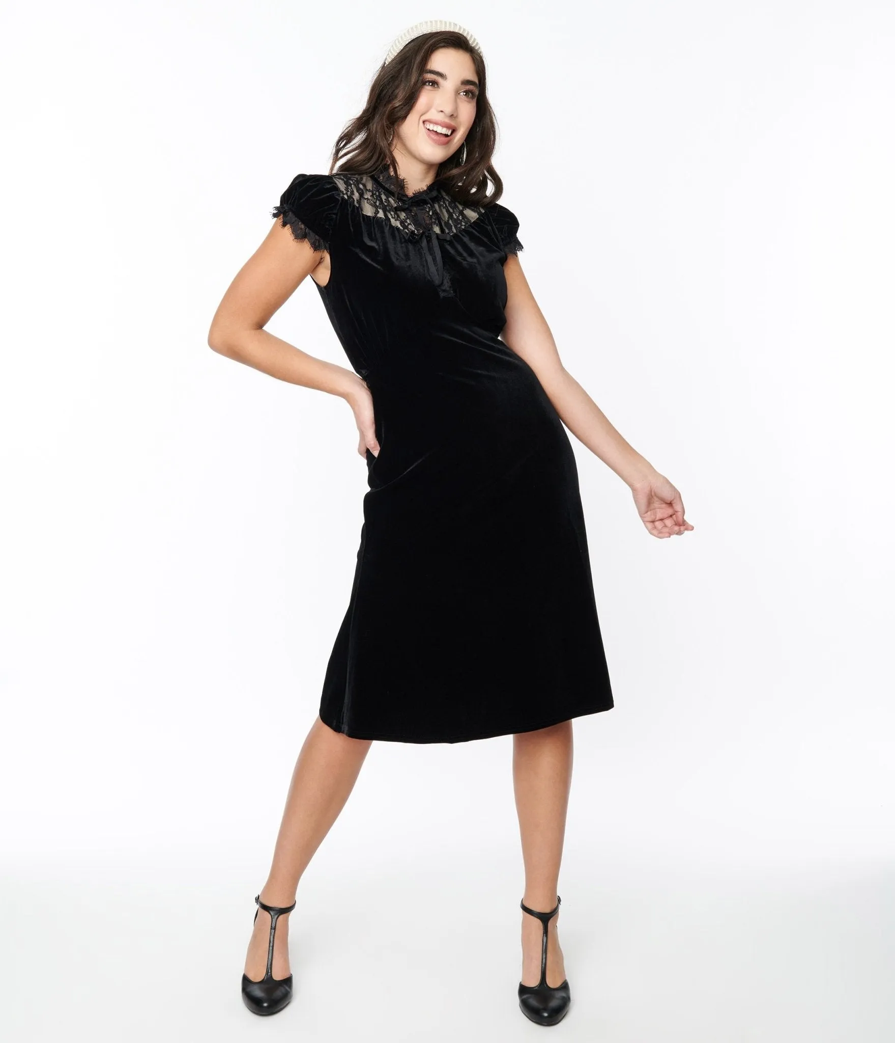 Black Velvet Lace Midi Shift Dress Casual Everyday Look